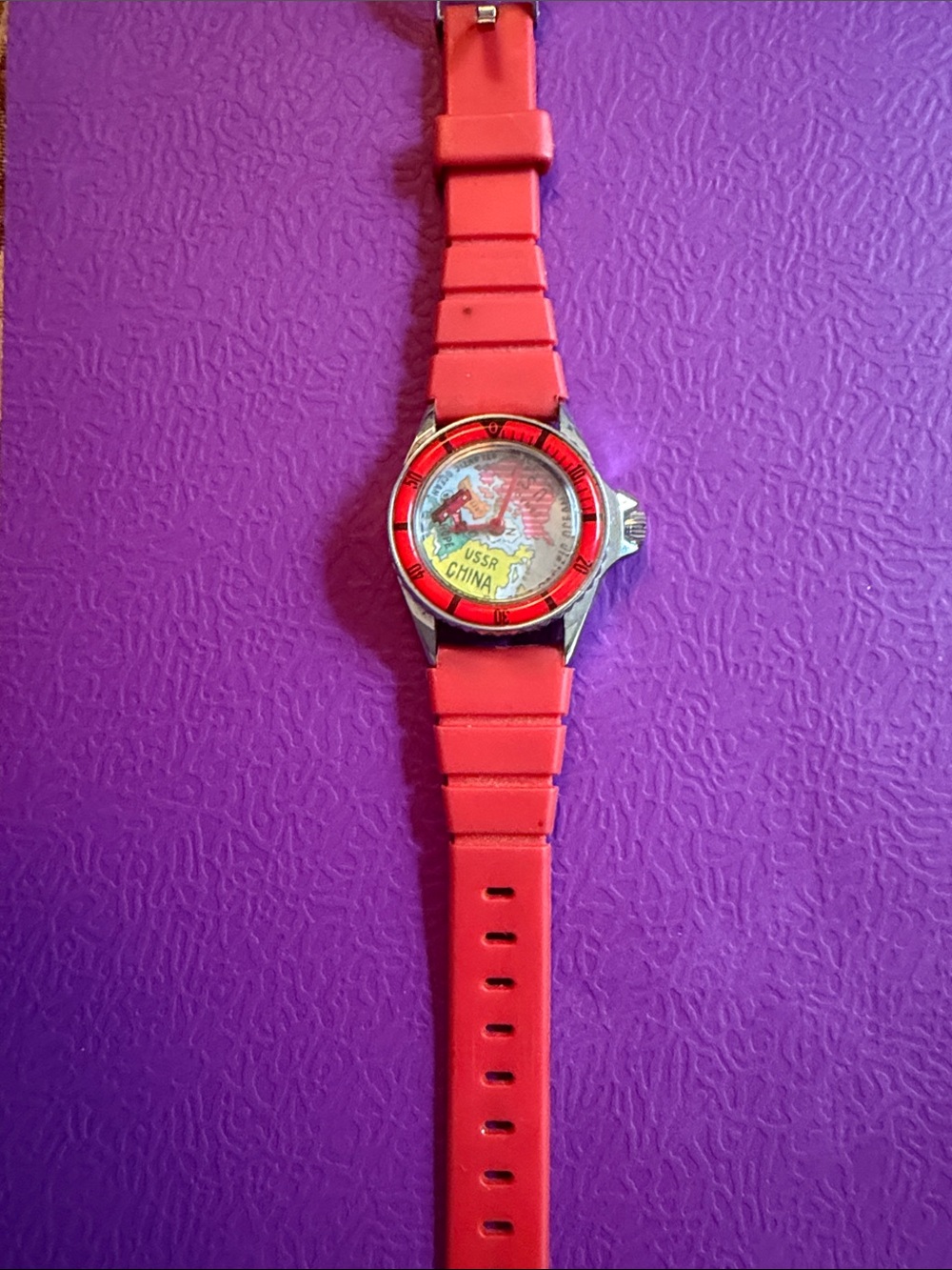 Retro 80’s Watch - Out of Time with world map face and airplane hands